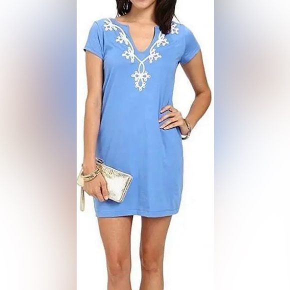 Lilly Pulitzer Blue Embroidered Floral Dress Size L